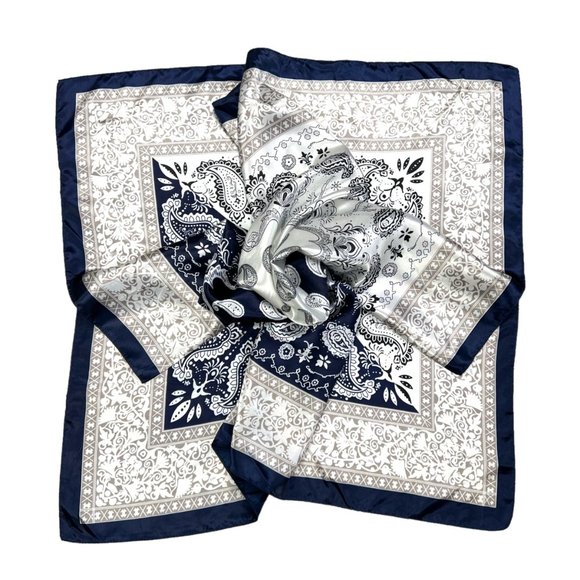 NEW Blue Ivory Paisley Floral Printed Square Silky Scarf Wrap - Picture 11 of 11